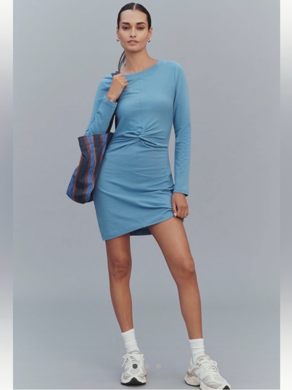 NWT Anthropologie Gathered Twist Front Long-Sleeve Mini Dress Blue Women Medium